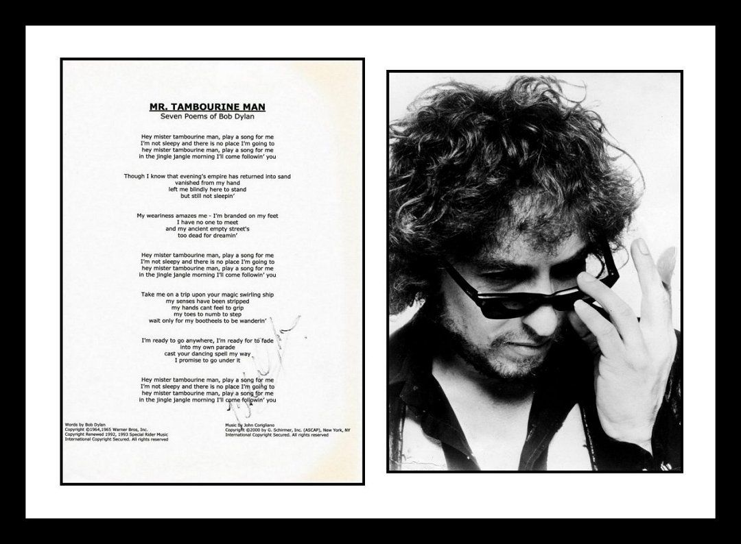 cs Autographs Bob Dylan Autographed Mr Tambourine Man Lyric Sheet