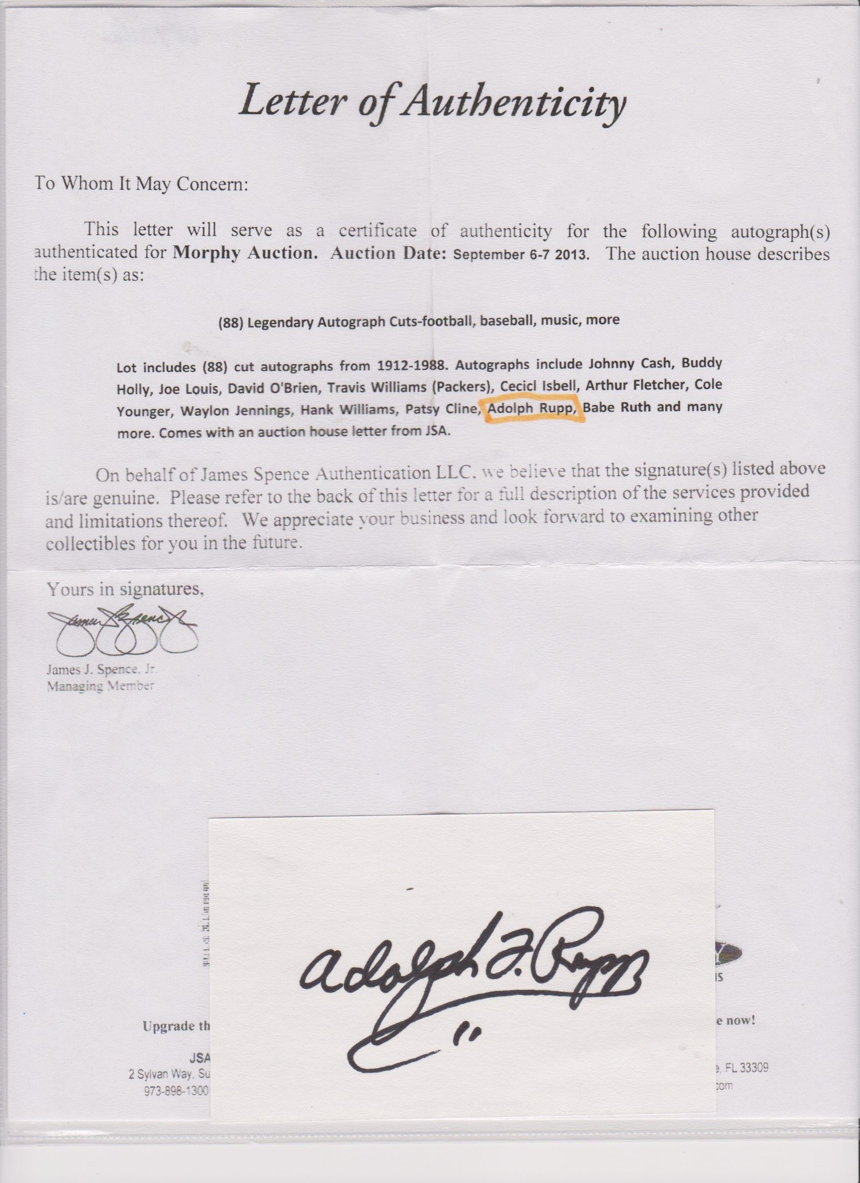 adolph rupp autograph