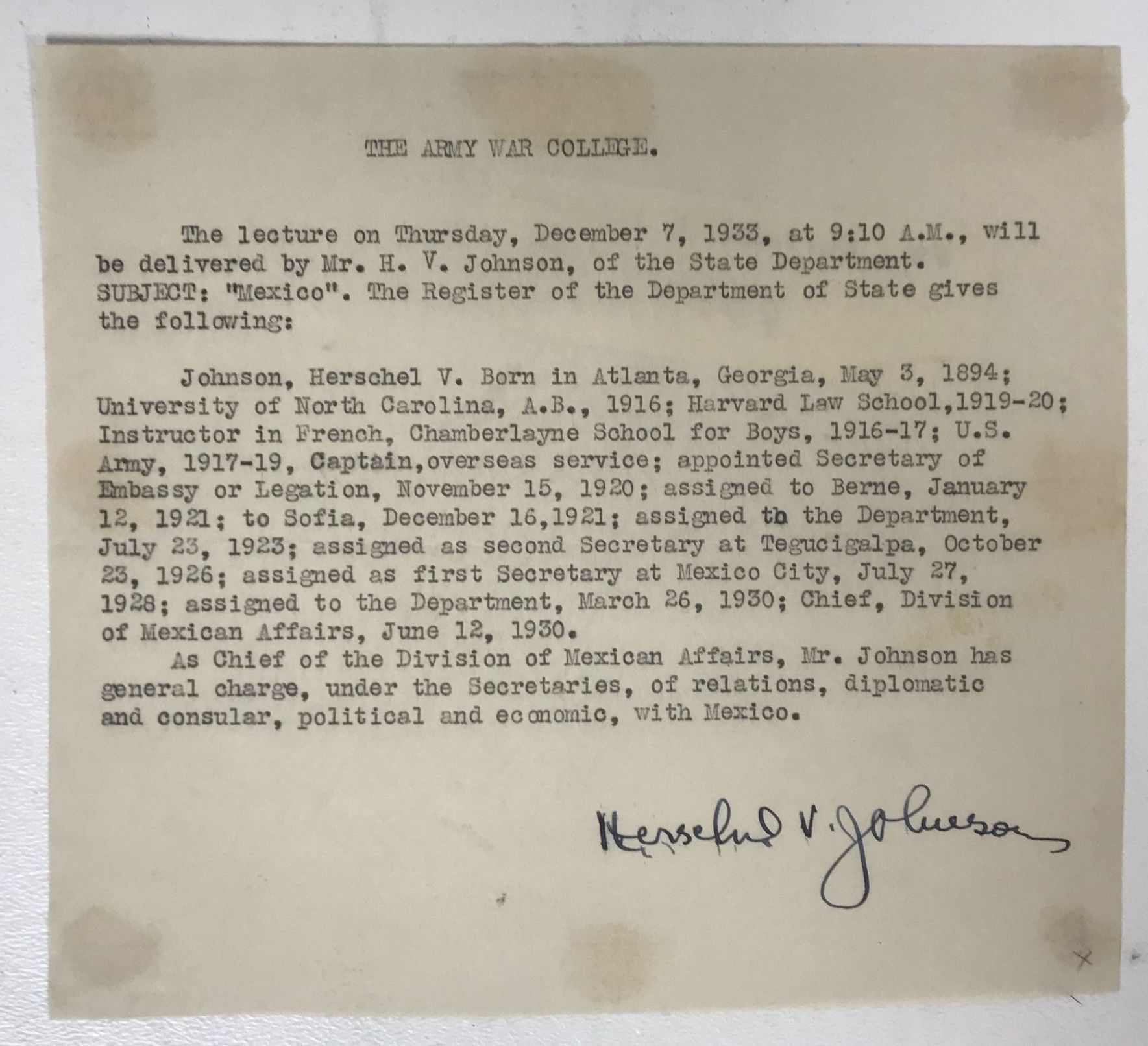 AACS Autographs Herschel V. Johnson (d. 1966) Autographed Vintage