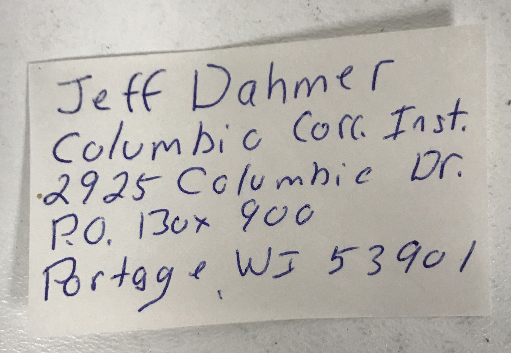 AACS Autographs Jeffrey Dahmer (d. 1994) Autographed Prison Address Clip